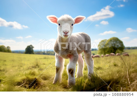 A lamb standing in a green grassy field and clouds against the blue skies. Innocence and sacrifice concept. No people 108880954