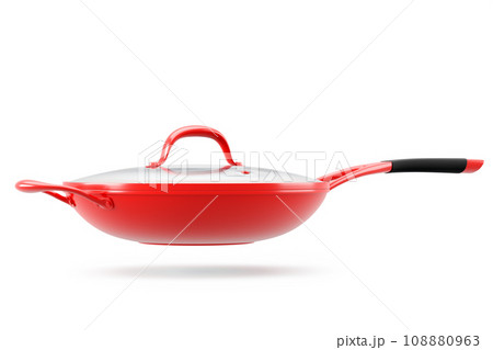 Stainless steel red frying pan with glass lid and chrome cookware on white 108880963
