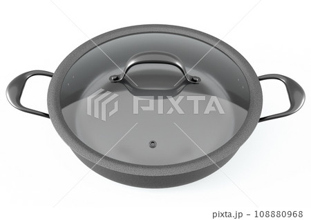 Stainless steel frying pan with glass lid and chrome cookware on white Stainless steel frying pan with glass lid and chrome cookware on white 108880968