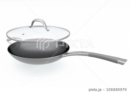 Stainless steel frying pan with glass lid and chrome cookware on white 108880970