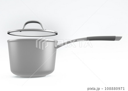 Stainless steel cooker with lid and chrome cookware on white background 108880971