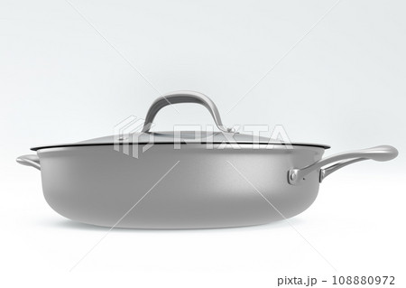 Stainless steel frying pan with glass lid and chrome cookware on white 108880972