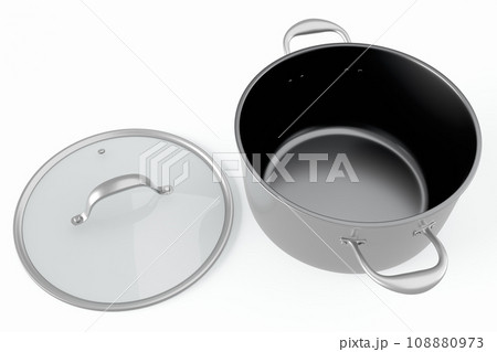 Stainless steel cooker with lid and chrome cookware on white background 108880973
