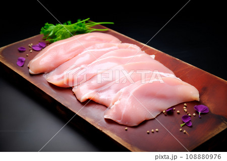 Raw chicken breast or fillet on wooden board srved with pepper and fresh herbs on a black background. Top view of healthy food Raw chicken breast or fillet on wooden board srved with pepper and fresh herbs on a black background. Top view of healthy food 108880976