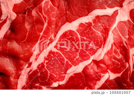 Macro closeup view of a red piece of veal meat on table. Slices of beef steak with a red streaked texture 108881007
