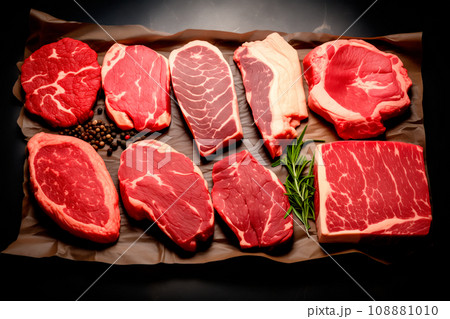Set of various raw steaks like chateau mignon, t-bonnet, tomahawk, striploin, tenderloin, tenderloin, new york steak. 108881010