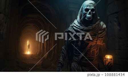 Image of a mummy with a backpack and flashlight, exploring ancient ruins and mysterious places Image of a mummy with a backpack and flashlight, exploring ancient ruins and mysterious places 108881434