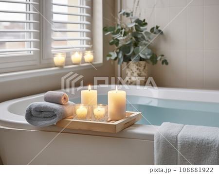 Beautifully decorated bathroom tray with flowers and candles, home bathroom interior decor with copy space Beautifully decorated bathroom tray with flowers and candles, home bathroom interior decor with copy space 108881922