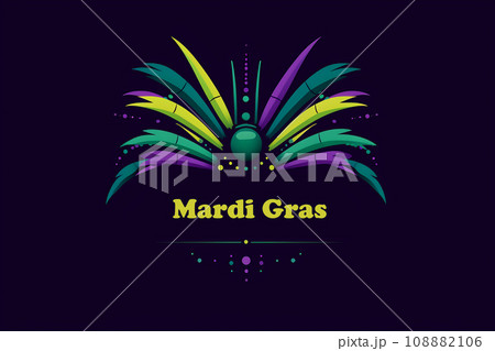 Carnival Mardi Gras label with masquerade mask, feathers, text. Vintage style 108882106