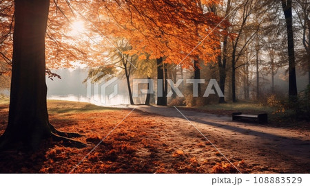 Autumn park in the misty morning with bench and lake. Autumn park in the misty morning with bench and lake. 108883529