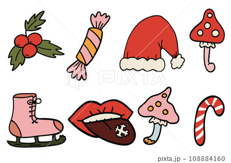 Christmas Groovy icons set skates lips and hat 108884160