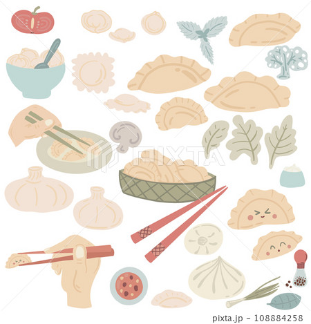 Hand drawn dumplings set with vegetables and hands with sticks Hand drawn dumplings set with vegetables and hands with sticks 108884258