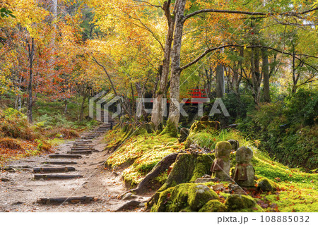 紅葉の京都大原三千院　津川に架かる赤い橋とおさな地蔵 108885032