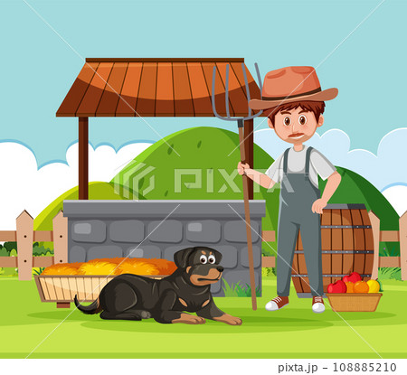 Man Holding Garden Fork at Farm Landscape with Dog Sitting Next To 108885210