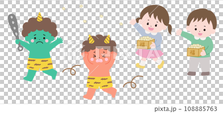 Illustration of a running demon and a child throwing beans Illustration of a running demon and a child throwing beans 108885763