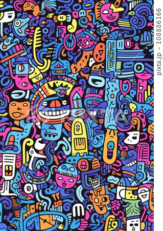 Illustration of colorful doodle crowd cute alien and monster Created with Generative AI technology. 108886166