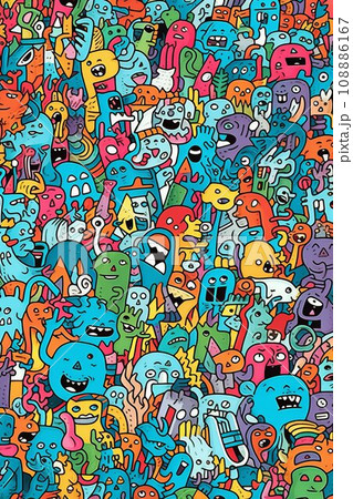 Illustration of colorful doodle crowd cute alien and monster Created with Generative AI technology. 108886167