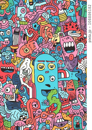 Illustration of colorful doodle crowd cute alien and monster Created with Generative AI technology. 108886182