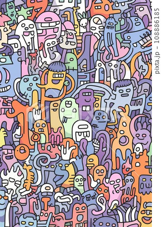 Illustration of colorful doodle crowd cute alien and monster Created with Generative AI technology. 108886185