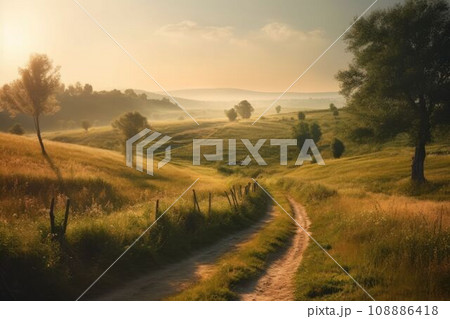 Beautiful landscape countryside with green meadow on the hill Created with Generative AI technology. 108886418