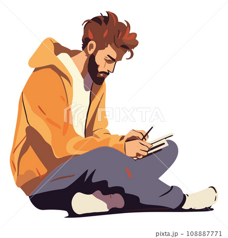 Young man artist siting and making drawing on canvas feeling creative. Young man artist siting and making drawing on canvas feeling creative. 108887771