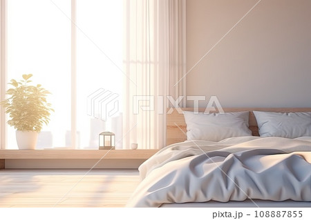 minimalist cozy bedroom with a comfortable bed and a scenic view from window. Good morning sunrise Generative AI 108887855