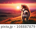はるか彼方に沈む夕日を見ている子犬：AI生成画像 108887879