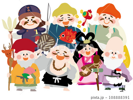 七福神②
約7cm 観葉植物 かわいい七福神のベクターイラスト（2列並び）のイラスト素材