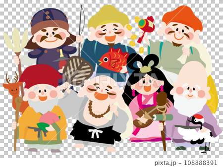 かわいい七福神のベクターイラスト（2列並び）のイラスト素材