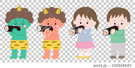 恵方巻を食べる鬼と子供 恵方巻を食べる鬼と子供 108888685