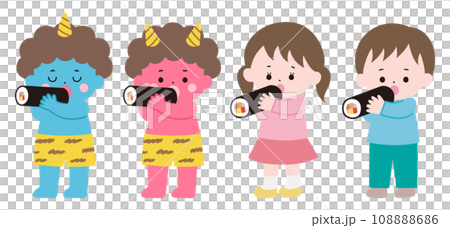 恵方巻を食べる鬼と子供 恵方巻を食べる鬼と子供 108888686