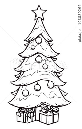 AI-generated content. Coloring page of Christmas tree, black white illustration on white background 108889266