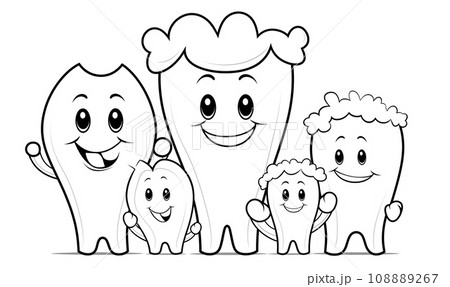 AI-generated content. Black and white illustration of teeth family isolated on white background 108889267