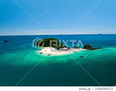 Aerial view drone shot of Amazing small island beautiful tropical sandy beach landscape view at koh Khai maew Island in Phang Nga Thailand,Amazing small island with many Cats live in small island 108890872