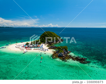 Aerial view drone shot of Amazing small island beautiful tropical sandy beach landscape view at koh Khai maew Island in Phang Nga Thailand,Amazing small island with many Cats live in small island 108890873
