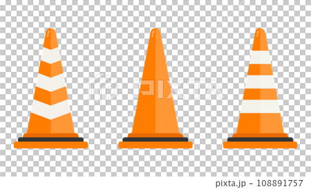 橙色三角錐(彩色錐體,塔)的向量插圖集。 橙色三角錐(彩色錐體,塔)的向量插圖集。 108891757