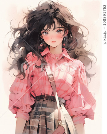 黒髪ピンクのチェック柄のお洒落女の子 黒髪ピンクのチェック柄のお洒落女の子 108891762