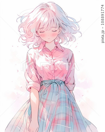 ピンク色チェック柄スカートの目を閉じた女の子 ピンク色チェック柄スカートの目を閉じた女の子 108891774
