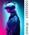 A fictional person, not based on a real person. Portrait of a sci-fi cyberpunk man. High-tech futuristic man from the future. The concept of virtual reality and cyberpunk. 3D render. 108892003