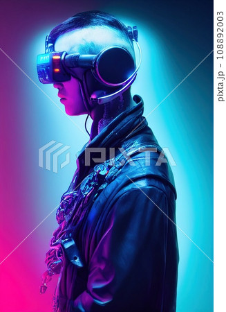 A fictional person, not based on a real person. Portrait of a sci-fi cyberpunk man. High-tech futuristic man from the future. The concept of virtual reality and cyberpunk. 3D render. 108892003