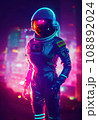 Portrait of an fictional astronaut in neon light in a spacesuit. High-tech astronaut from the future. The concept of space travel. 3D rendering 108892024
