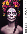 A beautiful woman with a wreath of flowers in her hair and a drawing of a skull on her face. Mexican holiday concept. 3D rendering. 108892044