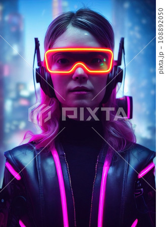 Realistic portrait of a sci-fi cyberpunk girl. High-tech futuristic woman from the future. The concept of virtual reality and cyberpunk. 3D render. 108892050