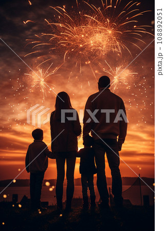 Christmas or New Year celebration. People outdoors looking at fireworks 108892051