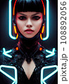 A fictional person, not based on a real person. Portrait of a sci-fi cyberpunk girl. High-tech futuristic woman from the future. The concept of virtual reality and cyberpunk. 3D render. 108892056