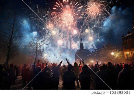 Christmas or New Year celebration. People outdoors looking at fireworks 108892082