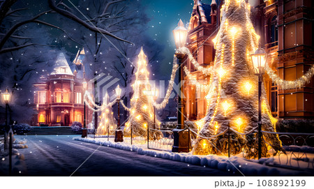 冬の夜のライトアップされた雪の街角-Generative AI 108892199