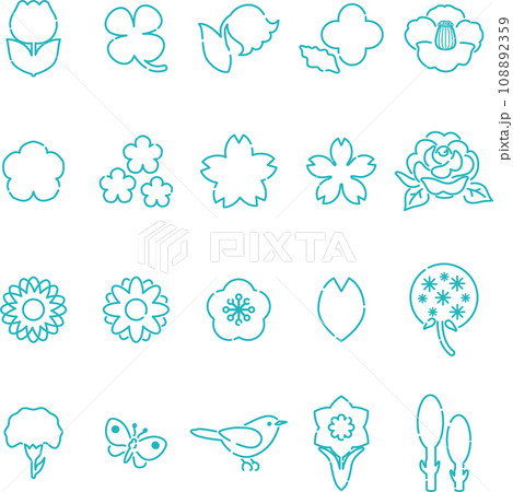 花　アイコン　あしらい　絵文字　ピクトグラム　おしゃれ　かわいい　シンプル　線画　イラスト素材セット 108892359
