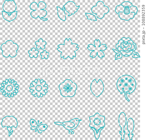 花　アイコン　あしらい　絵文字　ピクトグラム　おしゃれ　かわいい　シンプル　線画　イラスト素材セット 108892359