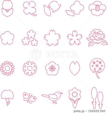 花　アイコン　あしらい　絵文字　ピクトグラム　おしゃれ　かわいい　シンプル　線画　イラスト素材セット 108892360